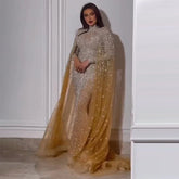 Muslim Gold Mermaid Elegant Cape Sleeves Beaded Luxury Dubai Long Evening Dresses Gowns 2025 For Woman Party LA71990