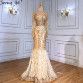 Muslim Gold Mermaid Evening Dresses Gowns 2025 Luxury Elegant Beaded Feathers For Women Party LA71475