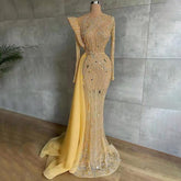 Muslim Gold Overskirt Luxury Evening Dresses Gowns Beaded Meramid Elegant 2025 For Women Party LA71528