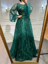 Muslim Green A-Line Luxury Evening Dreses Gowns 2025 O-Neck Puff Sleeves Beaded Sexy Formal Woman Party LA71049A
