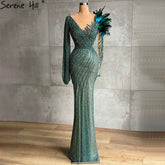 Muslim Green Elegant Evening Dresses Gowns 2025 Feathers Beaded Mermaid For Women Wedding Party LA71194