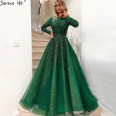 Muslim Green Luxury Evening Dresses Gowns 2025 A-Line Beading Long Sleeves For Women Party LA70927