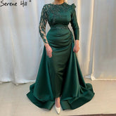 Muslim Green Mermaid Satin Evening Dresses Gowns 2025 Elegant Luxury Beading For Women Party LA71124