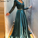 Muslim Green Satin Evening Dresses Gowns 2025 Beaded A-Line For Women Wedding Party LA71252