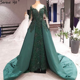 Muslim Green With Train Evening Dresses Gowns Satin Luxury Long Sleeves For Women Party LA70792