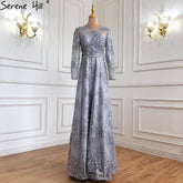 Muslim Grey A-Line Evening Dresses Gowns 2025 Luxury Beaded Lace For Women Wedding Party LA71308
