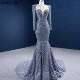 Muslim Grey Mermaid Evening Dresses 2025 Beaded Elegant Luxury Formal Dress HM67272