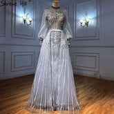 Muslim Grey Overskirt Evening Dresses Gowns 2025 Mermaid Elegant Beaded For Woman Party LA71248