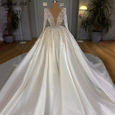 Muslim Ivory Satin Luxury Wedding Dresses Gowns 2025 Beading Pearls Sexy Bride Dress HM67210 Custom Made