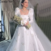 Muslim Ivory Satin Wedding Gowns 2025 Puffy Sleeves Beading Bridal Dresses HA2498 Custom Made