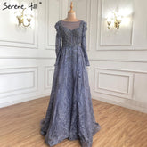 Muslim Luxury Blue Evening Dresses Gowns A-Line Beaded Lace 2025 For Women Party LA71312