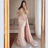 Muslim Mermaid Peach Satin Elegant Beaded V Neck With Skirt Evening Dresses Gowns 2025 For Women Party LA71344