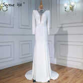 Muslim Mermaid Satin Evening Dresseses Gowns 2025 White Elegant Beaded For Women Party LA6430