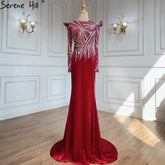 Muslim Mermaid Wine Red Evening Dresses Gowns 2025 Beaded Elegant Velour For Women Party LA71449