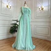 Muslim Mint Over Skirt A Line Beaded Luxury Dubai Long Evening Dresses Gowns 2025 For Women Wedding Party LA71924