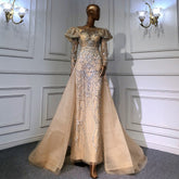 Muslim Nude Balloon Sleeves Beaded Mermaid Evening Dresses Gowns 2025 Luxury With Overskirt For Woman Party LA71352