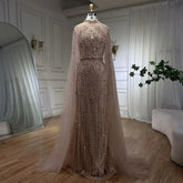 Muslim Nude Mermaid Cape Sleeves Pearls Beaded Luxury Dubai Evening Dresses Gowns 2025 Women Wedding Party LA72372