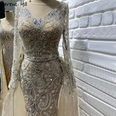 Muslim Nude Silver Overskirt Evening Dresses Gowns 2025 Mermaid Beaded Luxury Elegant For Woman Party LA71353