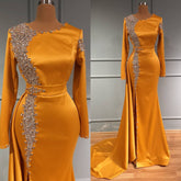 Muslim Orange Overskirt Evening Gowns 2025 Mermaid Elegant Luxury Beaded For Women Party LA71512