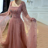Robe de soirée de luxe style musulman rose, col carré, perles, coupe trapèze, Dubaï, LA71803A