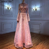 Muslim Pink Lace Beaded Evening Dresses Gowns 2025 A-Line Luxury For Women Wedding Party LA71247