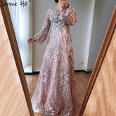 Muslim Pink Luxury Evening Gowns 2025 Flowers Crytsal Long Lantern Sleeves Formal Dress Design LA70779