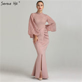 Robe de soirée sirène rose style musulman, manches lanternes, fendue, élégante, pour femme, QA8002, soldes, sans retour ni remboursement