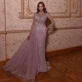 Vestido de noche largo de sirena rosa con falda, cuello redondo, elegante, con cuentas, de lujo, para mujer, fiesta, LA71673