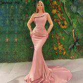 Muslim Pink Satin Evening Dresses Gowns 2025 Beaded Elegant Mermaid For Women Party LA71176