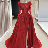 Muslim Red Luxury Evening Dresses Gowns 2025 Lace Beaded A-Line High Split For Women Party LA70445