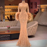 Muslim Rose Gold Elegant Evening Dresses Gowns 2025 Feather Beaded Mermaid Luxury For Women Party LA71514