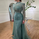 Muslim Turquoise Elegant Mermaid With Overskirt Beaded Evening Dresses Gowns 2025 For Women Wedding Party LA72166