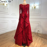 Muslim Wine Red Luxury Evening Dresses Gowns 2025 A-Line Beading Crystal For Women Party LA70967