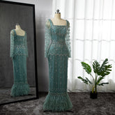 MuslimTurquoise Mermaid Elegant Evening Dresses Gowns 2025 Luxury Beaded Feather For Women Party LA71722