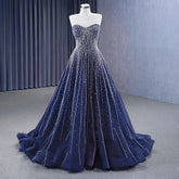 Navy Blue High End Sexy Strapless Crystal Beaded Luxury Pearls Lace Up Bride Gowns Wedding Dress Custom Made HM23102