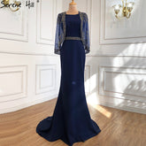 Navy Blue Mermaid Elegant Evening Dresses Gowns 2025 Satin Beading Shawl Yarn Sexy For Women Party LA70884
