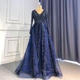 Elegante vestido de noche musulmán de terciopelo azul marino, corte sirena, con cuentas, mangas largas y falda no desmontable (2025 LA71691)