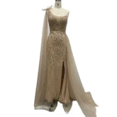 Vestido de noche árabe color piel, con cola lateral y un hombro, corte sirena, para mujer, para fiesta formal de graduación, boda, 2025 LA72442