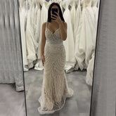 Nude Beaded Saudi Arabic Evening Gown with Spaghetti Straps for Formal Occasion LA72253A 2025