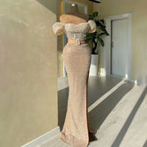 Elegante vestido de noche estilo sirena color nude con escote barco y cuentas de lujo estilo Dubái para mujer, ideal para bodas y fiestas 2025 LA72318C