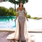 Elegante vestido de noche de sirena color piel con sobrefalda, hombros descubiertos y cuentas, para mujer, fiesta 2024 LA71728