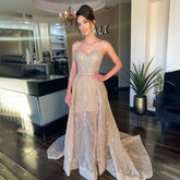 Vestido de fiesta árabe de lujo con escote corazón y cuentas, estilo sirena, color plata nude, sexy, con tirantes finos, formal, de noche, LA71785