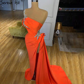 Vestido de noche de sirena con abertura alta en color naranja, elegante y sexy, de un solo hombro, para mujer, para fiesta, LA70896
