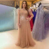 Vestido de fiesta árabe de lujo, rosa, corte A, escote redondo, plumas, mangas largas, cuentas, elegante, noche, LA71783, 2025