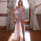 Vestido de noche rosa árabe, corte A, sexy, con abertura alta y un hombro, con cuentas, de lujo, para mujer, fiesta, LA71241