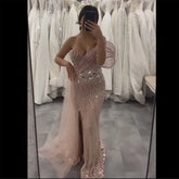 Vestido de noche de sirena con un solo hombro, abertura y detalle de tul, con cuentas rosas para ocasiones formales LA72888 2025