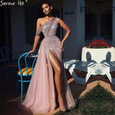 Vestidos de noche rosas de lujo con abertura alta, elegantes vestidos de sirena con cuentas para mujer, fiesta LA71371