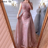 Vestido de noche rosa de lujo con sobrefalda, corte sirena, encaje con cuentas y cristales, para mujer, fiesta, LA71080