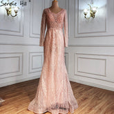 Vestidos de noche musulmanes de lujo en rosa, estilo sirena, con cuentas, elegantes, para mujer, para fiesta de boda, LA71182