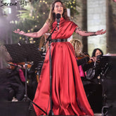 Vestido de noche sexy de satén rojo con cuentas, corte A, un hombro, para mujer, fiesta, LA71136